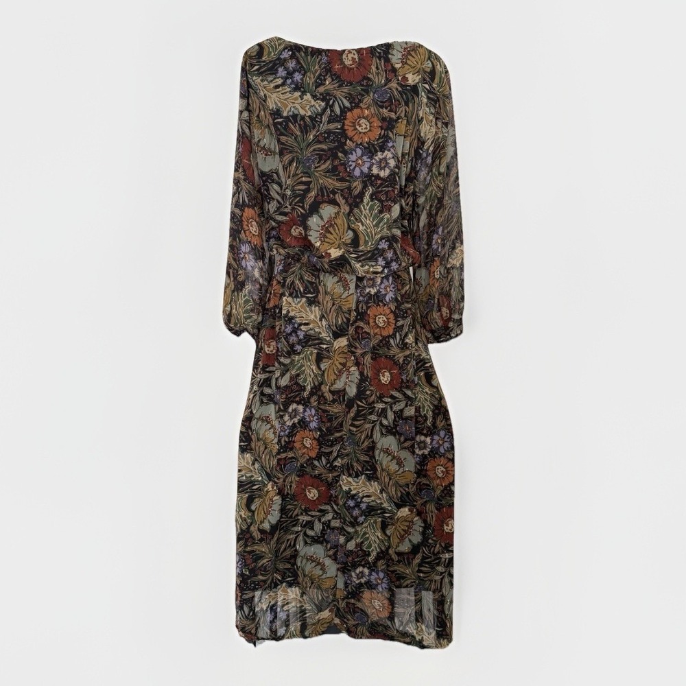 Piper & Scoot Floral Midi Dress L Sheer Long Sleeve Lined Black Boho Dark Floral - Picture 5 of 14